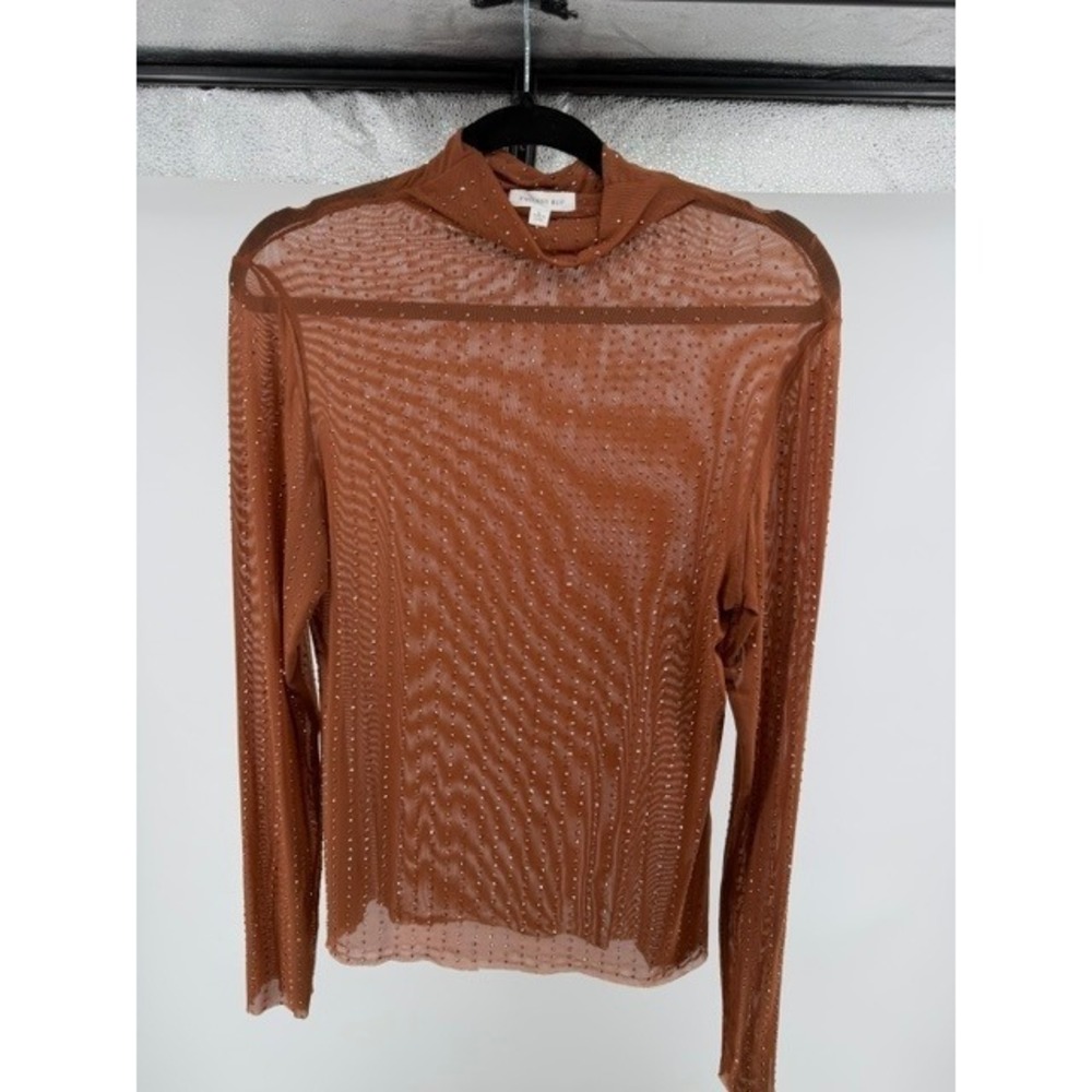 Endless Blu Brown Sheer Mesh Rhinestone  Mock Neck Top L